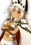  1girl :&lt; beltbra blonde_hair breasts crossed_arms dark_skin guilty_gear guilty_gear_xrd hat highres looking_at_viewer mirano ramlethal_valentine red_eyes short_shorts shorts solo 