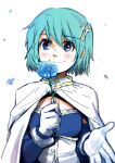  1girl armband blue_eyes blue_hair blue_rose cape flower gloves hair_ornament hairclip magical_girl mahou_shoujo_madoka_magica mahou_shoujo_madoka_magica_movie miki_sayaka outstretched_hand petals rose short_hair silverxp smile solo white_background 