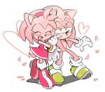  1boy 1girl alternate_color alternate_eye_color amy_rose arm_grab blush boots chiro_(pez777) dress gloves green_eyes grin hairband heart no_humans petals sega shoes smile sneakers sonic sonic_the_hedgehog sweatdrop tail white_background 