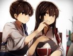  akagi_(kantai_collection) bowl brown_eyes brown_hair chopsticks japanese_clothes kaga_(kantai_collection) kantai_collection kyouya_(mukuro238) long_hair muneate rice smile 