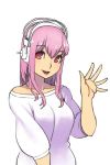  1girl breasts headphones large_breasts long_hair looking_at_viewer nitroplus open_hand open_mouth pink_eyes pink_hair smile solo super_sonico sweater yuksi 