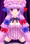  1girl black_legwear blush bow breasts cleavage crescent girl_on_top hair_bow hat highres large_breasts long_hair looking_at_viewer patchouli_knowledge purple_hair shimotsuki_keisuke smile solo_focus thigh-highs touhou violet_eyes zettai_ryouiki 