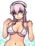  1girl bikini breasts cleavage english hands_on_own_shoulders headphones large_breasts long_hair looking_at_viewer navel nitroplus pink_eyes pink_hair solo super_sonico swimsuit white_bikini white_swimsuit yuksi 