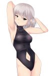  1girl aqua_eyes armpits arms_up breasts competition_swimsuit cowboy_shot girls_und_panzer highres itsumi_erika mound_of_venus navel_cutout nksk one-piece_swimsuit silver_hair solo swimsuit 