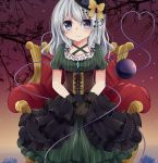  1girl adapted_costume black_gloves blue_rose bow chair corset flower gloves grey_eyes hat hat_bow heart heart_of_string highres komeiji_koishi lace_gloves lolita_fashion mini_top_hat puffy_short_sleeves puffy_sleeves rose shirt short_sleeves silver_hair sitting skirt solo third_eye top_hat touhou yuria_(kittyluv) 