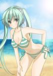  1girl beach bikini breasts cleavage green_eyes green_hair hand_on_hip hatsune_miku long_hair looking_at_viewer navel ocean solo striped striped_bikini striped_swimsuit swimsuit twintails very_long_hair vocaloid 