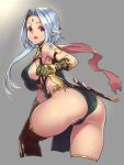  1girl ass bare_shoulders blue_hair breasts dagger facial_mark forehead_mark gloves houtengeki large_breasts long_hair looking_at_viewer looking_back open_mouth original pointy_ears red_eyes sideboob solo tattoo thigh-highs weapon 