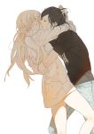  2girls black_hair blonde_hair bottomless closed_eyes couple denim dress_shirt hair_pull hand_on_another&#039;s_face hand_on_another&#039;s_head hug jeans kiss long_hair multiple_girls naked_shirt original pants shirt short_sleeves simple_background tanjiu white_background yuri 