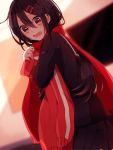  1girl black_hair blush caught hair_ornament hairclip highres kagerou_project long_hair nako_(inamenaihane) scarf school_uniform serafuku tateyama_ayano track_jacket 