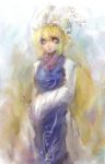  1girl blonde_hair faux_traditional_media fox_tail hat hiepita_(1014) highres looking_at_viewer multiple_tails solo tail touhou yakumo_ran yellow_eyes 