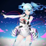 &gt;:) 1girl blue_eyes blue_hair breasts cleavage elbow_gloves ello gloves hatsune_miku headphones highres long_hair looking_at_viewer petals smile solo thigh-highs twintails vocaloid white_gloves white_legwear wind 