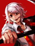  1boy androgynous hair_ornament hairclip loose_necktie loose_shirt necktie red_background red_eyes scythe short_hair smile solo stitches suzuya_juzo tokyo_ghoul weapon white_hair 