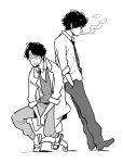  2boys aldnoah.zero dress_shirt facial_hair full_body glasses greyscale hands_in_pockets labcoat leaning_on_person male marito_koichiro monochrome multiple_boys necktie pants profile sandals shimura_takako shirt simple_background sitting smile smoking stubble white_background yagarai_soma 