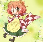  1girl :d alternate_eye_color apron asaba_hiromu bell brown_eyes flower hair_bell hair_ornament index_finger_raised japanese_clothes letter lowres motoori_kosuzu open_mouth redhead smile touhou twintails two_side_up 