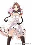  1girl ahoge black_legwear breasts brown_eyes brown_hair cowboy_shot dress gloves hair_ornament hairclip keypot long_hair looking_at_viewer million_chain official_art smile solo thigh-highs white_background white_dress 