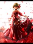  1girl alternate_costume arm_ribbon backlighting bare_shoulders bow choker collarbone dress fence flower green_hair hair_bow hair_flower hair_ornament highres jewelry kazami_yuuka letterboxed looking_at_viewer open_mouth petals puffy_short_sleeves puffy_sleeves red_dress red_eyes red_rose ring rose sash shironeko_yuuki short_sleeves solo strapless_dress touhou wrist_cuffs 