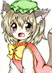  1girl animal_ears bowtie brown_eyes brown_hair cat_ears cat_tail chen colored_pencil_(medium) crying d: fang hat highres meme-tan_(bana_nan26) open_mouth shirt short_hair tail tears touhou traditional_media vest 