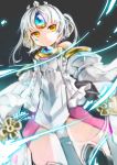  1girl 2014 dated detached_sleeves elsword eve_(elsword) expressionless forehead_jewel from_below grey_background miniskirt short_hair signature skirt solo vilor white_hair yellow_eyes 