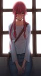  1girl aconitea backlighting blush cowboy_shot denim gasai_yuno highres jeans long_hair mirai_nikki pants pink_eyes pink_hair sheath solo sweat window 