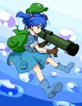  1girl backpack bag bazooka blue_eyes blue_hair blush boots brown_gloves bubble character_name colored_eyelashes dress eyelashes frilled_skirt frills full_body gimicalmas gloves hair_bobbles hair_ornament hat highres kawashiro_nitori key long_sleeves pocket rocket_launcher rubber_boots short_hair short_twintails skirt skirt_set solo touhou twintails weapon 