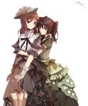  2girls black_hair dress floral_print flower frilled_dress frills ghost_(ghost528) gloves green_dress hair_ribbon hat hat_flower highres hug hug_from_behind looking_at_viewer love_live!_school_idol_project multiple_girls nishikino_maki parted_lips print_dress puffy_short_sleeves puffy_sleeves purple_dress red_eyes redhead ribbon short_hair short_sleeves smile twintails umbrella_stand victorian violet_eyes white_gloves yazawa_nico 