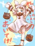 1girl alternate_hairstyle anklet armpits arms_up barefoot black_panties blue_eyes fang hair_ornament hair_ribbon hairclip horns jewelry kagamine_rin kantai_collection mittens monster northern_ocean_hime open_mouth panties ribbon sharp_teeth shinkaisei-kan solo thrux underwear vocaloid white_hair 