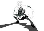  1girl ahoge clenched_hands dress fighting_stance flat_chest forehead_jewel greyscale hair_tubes highres huge_ahoge killy_rock long_hair mary_janes monochrome neon_trim pantyhose shoes solo spot_color under_night_in-birth vatista very_long_hair 