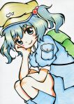  1girl arm_support blue_eyes blue_hair hat highres kawashiro_nitori meme-tan_(bana_nan26) pocket short_hair skirt smile touhou twintails 
