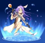  1girl blue_eyes breasts cape cleavage hair_ornament hairclip high_wizard highres holding kurohachiboku long_hair looking_at_viewer magic_circle purple_hair ragnarok_online smile solo staff 