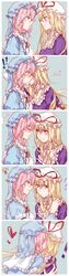  ! !! 2girls 5koma ? absurdres augetsix bangs blonde_hair blue_background blush breasts cheek_kiss choker cleavage closed_eyes comic commentary_request constricted_pupils dress elbow_gloves embarrassed eye_contact face-to-face flying_sweatdrops frilled_collar frilled_dress frills gloves grabbing hand_on_another&#039;s_chin hand_on_another&#039;s_face hat hat_ribbon heart highres japanese_clothes kimono kiss light_bulb lightbulb long_hair looking_at_another mob_cap multiple_girls pink_eyes pink_hair puffy_sleeves ribbon saigyouji_yuyuko short_hair silent_comic simple_background smile surprised touhou triangular_headpiece veil violet_eyes white_gloves yakumo_yukari yuri 