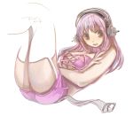  1girl alternate_color blush breasts cleavage headphones large_breasts long_hair looking_at_viewer massurutadano navel nitroplus no_bra open_mouth pink_eyes pink_hair solo super_sonico thigh-highs 