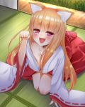  1girl animal_ears blonde_hair breasts cleavage fang fox_ears fox_girl highres japanese_clothes kenmomose large_breasts long_hair looking_at_viewer miko open_mouth original paw_pose red_eyes short_eyebrows solo tatami wide_sleeves 