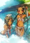  2girls animal armlet bangs bare_shoulders black_hair blush bracelet braid breasts brown_hair bunbun cleavage dark_skin fish green_eyes grin hair_ornament jewelry long_hair looking_at_viewer mound_of_venus multiple_girls navel o-ring_bottom o-ring_top parted_bangs partially_submerged polearm red_eyes sarong small_breasts smile twin_braids very_long_hair wading weapon wet 