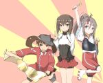  3girls :q arm_up ball_(minicake) blush brown_eyes brown_hair brown_skirt clenched_hands flat_chest fork grey_hair hachimaki headband headgear japanese_clothes kantai_collection kariginu leg_up long_hair long_sleeves magatama multiple_girls muneate omelet pleated_skirt ponytail red_skirt ryuujou_(kantai_collection) sandals scroll short_hair shorts skirt smile socks taihou_(kantai_collection) tamagoyaki tongue tongue_out triangle_mouth twintails v visor_cap zuihou_(kantai_collection) 