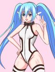  1girl absurdres angel_pena_(angelox) blue_eyes blue_hair collar hand_on_hip highres leotard long_hair mound_of_venus nymph_(sora_no_otoshimono) robot_ears small_breasts solo sora_no_otoshimono thigh-highs twintails v very_long_hair 