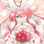  1girl bouquet breasts cleavage elphelt flower green_eyes guilty_gear guilty_gear_xrd heart kitayama_miuki looking_at_viewer one_eye_closed petals pink_tail rose short_hair smile solo 