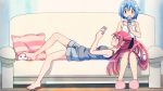  2girls barefoot blue_eyes blue_hair casual cellphone couch highres lap_pillow long_hair lying mahou_shoujo_madoka_magica manga_(object) miki_sayaka multiple_girls phone piroaki ponytail reading red_eyes redhead sakura_kyouko short_hair slippers wallpaper 