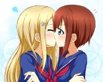  2girls ayase_arisa blue_eyes blush brown_hair closed_eyes hair_ornament hairclip karamoneeze kiss kousaka_yukiho long_hair love_live!_school_idol_project multiple_girls school_uniform short_hair yuri 