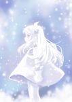  1girl ahoge dress highres horns kantai_collection kohige long_hair looking_away mittens northern_ocean_hime red_eyes shinkaisei-kan sketch snowing solo standing white_dress white_hair white_skin 