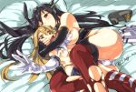  2girls absurdres armadillo-tokage ass bare_shoulders black_gloves black_hair blonde_hair breasts brown_eyes elbow_gloves gloves hair_ribbon hairband highres hug hug_from_behind kantai_collection large_breasts long_hair microskirt multiple_girls nagato_(kantai_collection) open_mouth panties red_legwear ribbon shimakaze_(kantai_collection) skirt skirt_removed small_breasts striped striped_legwear thigh-highs torn_clothes under_boob underwear white_gloves white_panties yellow_eyes 