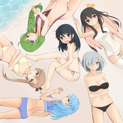  6+girls ahoge akigumo_(kantai_collection) aqua_eyes ball_(minicake) bangs bare_shoulders barefoot beach bikini black_eyes black_hair blue_bikini blunt_bangs blush braid breasts brown_hair cleavage crossed_arms from_above green_hair grin hair_bun hair_ornament hair_over_one_eye hairclip hamakaze_(kantai_collection) holding_legs kantai_collection long_hair looking_at_viewer lying multicolored_hair multiple_girls naganami_(kantai_collection) navel on_back on_side on_stomach ponytail purple_bikini school_swimsuit short_hair silver_hair single_braid sling_bikini smile swimsuit two-tone_hair urakaze_(kantai_collection) ushio_(kantai_collection) violet_eyes wavy_mouth white_bikini white_legwear white_school_swimsuit white_swimsuit yuugumo_(kantai_collection) 