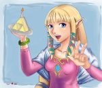  1girl angel_pena_(angelox) blonde_hair blue_eyes bracelet cake capelet food hair_ribbon highres jewelry long_hair low-tied_long_hair payot pointy_ears princess_zelda ribbon skyward_sword small_breasts solo the_legend_of_zelda triforce v 