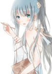  1girl :d blue_eyes blue_hair book casual dress highres hiro_(hirohiro31) holding long_hair looking_at_viewer open_mouth original pen pixiv-tan ponytail smile solo white_background white_dress 