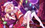  1girl ascot blonde_hair bow flandre_scarlet flower hat hat_bow highres midriff red_eyes rose side_ponytail skull solo thigh-highs touhou white_legwear wings wrist_cuffs 