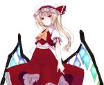  1girl ascot blonde_hair crote expressionless flandre_scarlet frilled_skirt frilled_sleeves frills hat hat_ribbon highres mob_cap puffy_short_sleeves puffy_sleeves red_eyes ribbon short_sleeves side_ponytail skirt touhou vest wing_collar wings 