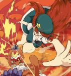  1girl blocking fire hat hong_meiling infernape kicking kokoyashi long_hair pokemon redhead touhou 