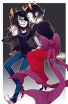  2girls black_hair bow eyepatch fangs glasses grey_skin holding_hands homestuck horns jacket kanaya_maryam lipstick long_hair long_skirt makeup multiple_girls robotic_arms sharp_teeth short_hair skirt smile vriska_serket waltza yellow_sclera 