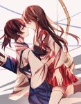  akagi_(kantai_collection) bow_(weapon) brown_eyes brown_hair chronica_(artist) japanese_clothes kaga_(kantai_collection) kantai_collection long_hair muneate quiver side_ponytail smile weapon yuri 