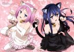  2girls absurdres animal_ears bell blue_eyes blue_hair blush boots breasts cleavage detached_sleeves fishnets gokukoku_no_brynhildr highres jingle_bell kazumi_schlierenzauer kuroha_neko mary_janes multiple_girls official_art open_mouth pantyhose paw_pose pink_hair shoes tail thigh-highs white_legwear 