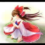 1girl ascot bow brown_hair butterfly butterfly_on_hand detached_sleeves grass hair_bow hair_tubes hakurei_reimu highres letterboxed long_hair looking_at_another outdoors ribbon-trimmed_sleeves ribbon_trim sitting skirt skirt_set smile solo touhou wariza wind youzi_(tobychan367549) 